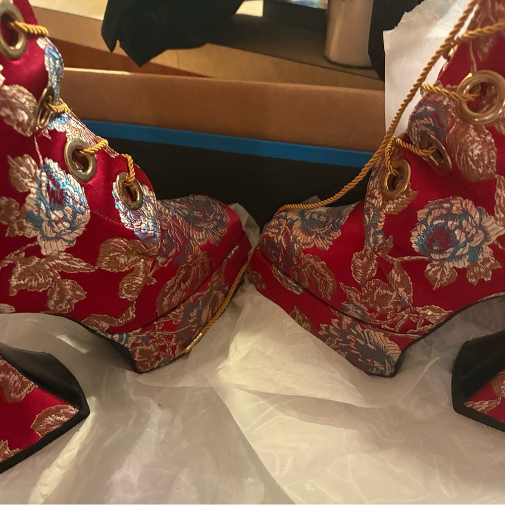 John Fluevog Red Brocade Lace-Up Heeled Boots - Picture 2 of 12